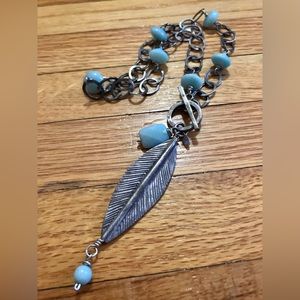 Handmade vintage oxidized silver and teal feather/leaf bead and chain necklace